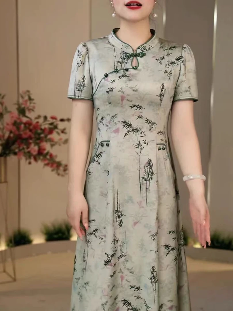 T1622 国风短袖连衣裙女夏季新款气质修身显瘦减龄过膝旗袍裙子