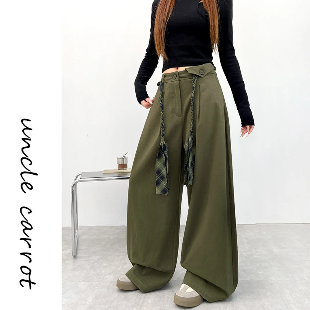 卡其色麻花绳工装裤女2025秋季新款美式高腰辣妹高街直筒阔腿裤子