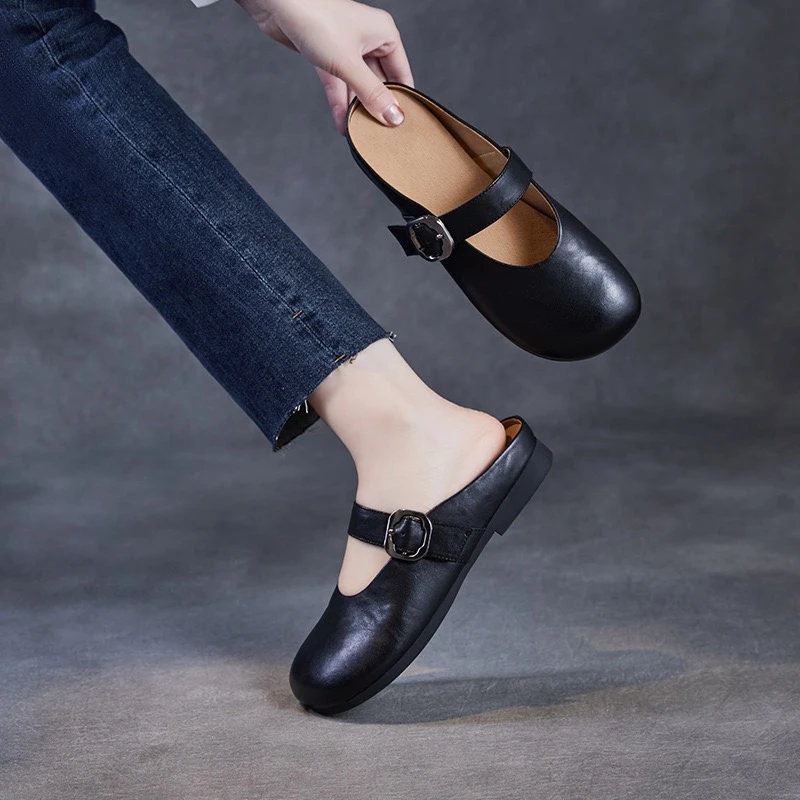 8290真皮圆头半包头一字带玛丽珍半拖鞋女外穿懒人勃肯穆勒凉拖鞋