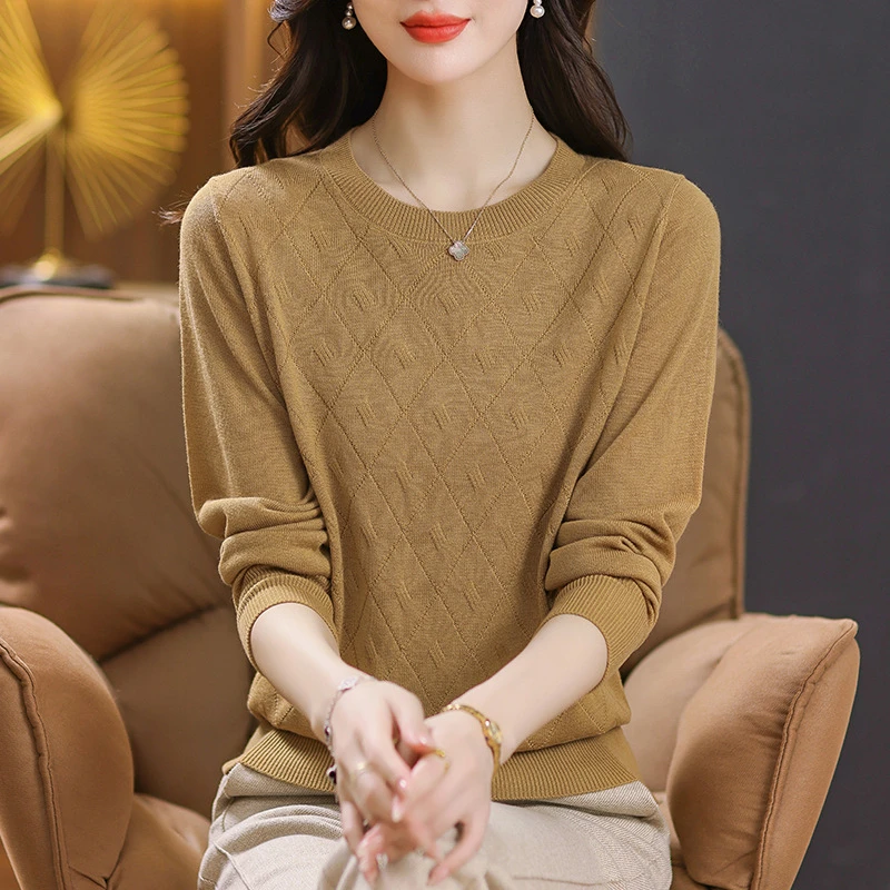 春秋针织衫衫女针织衫长袖上衣2025新款低领妈妈打底衫套头毛衣女