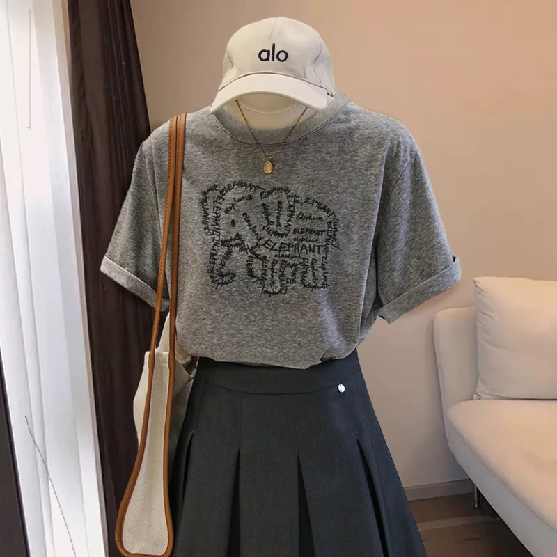 卡通风大象刺绣T恤女2025年夏季新款显瘦设计感小众时尚灰色上衣