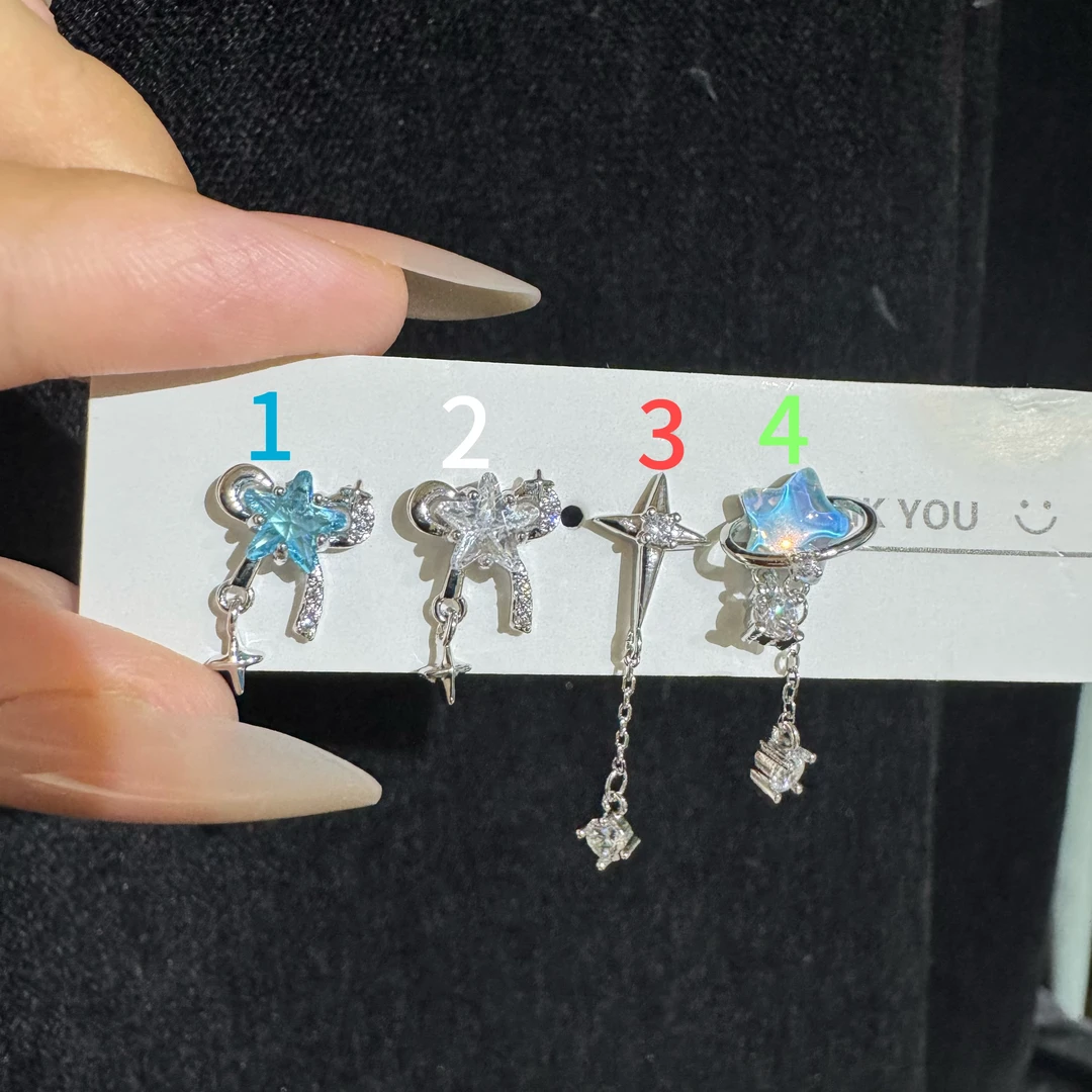 钛钢锆石耳饰 原创设计法式耳钉经典彩色轻奢轻奢风气质蓝色887