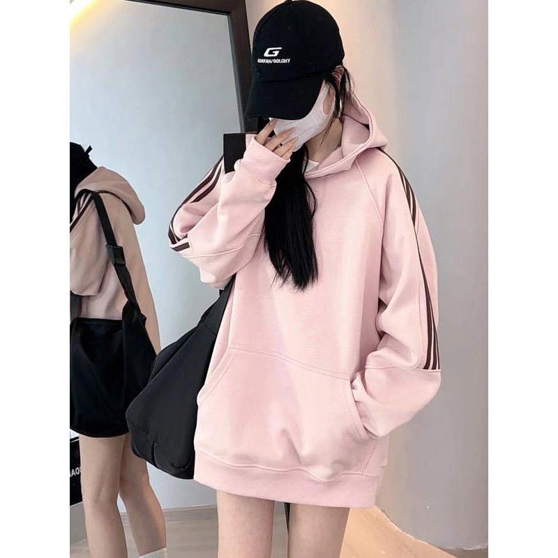 大码200斤欧美风宽松正肩连帽拼色卫衣女休闲百搭显瘦遮肉ins上衣