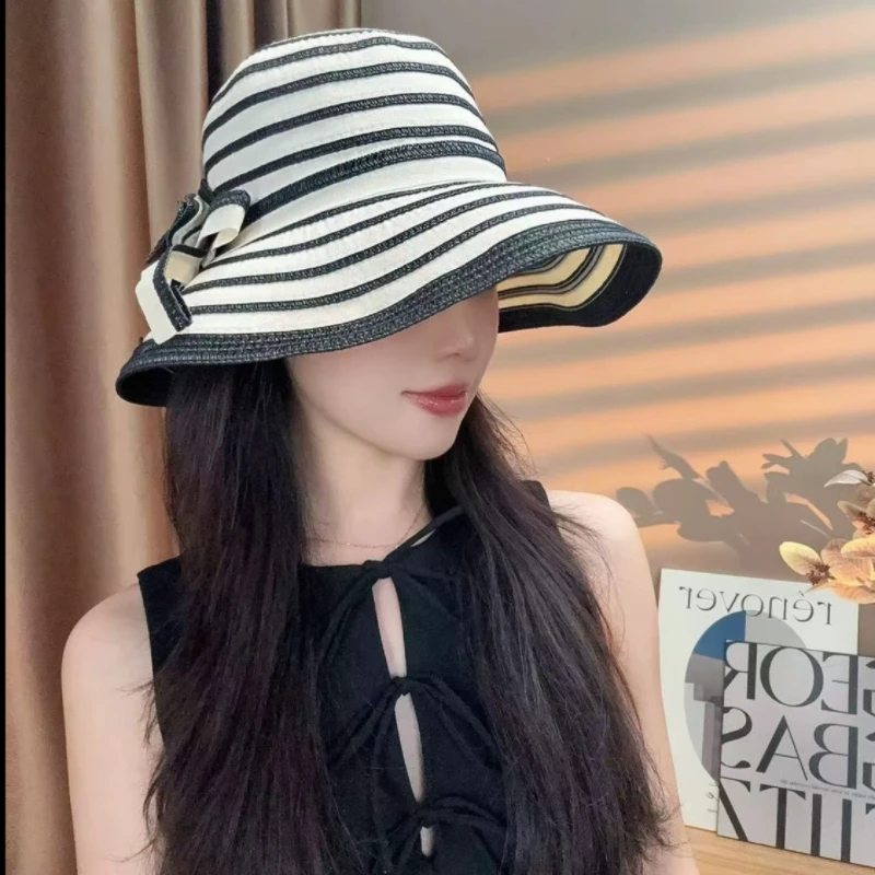 卷边女士太阳帽韩版时尚条纹帽子潮网红遮阳帽户外旅游沙滩帽
