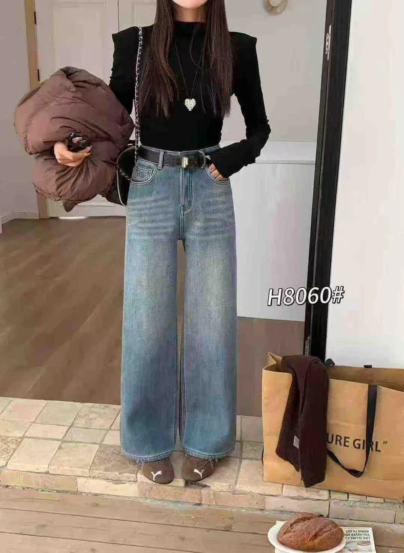 8060番外冬季新款高级感水洗不贴腿坠感百搭加绒牛仔直筒裤女