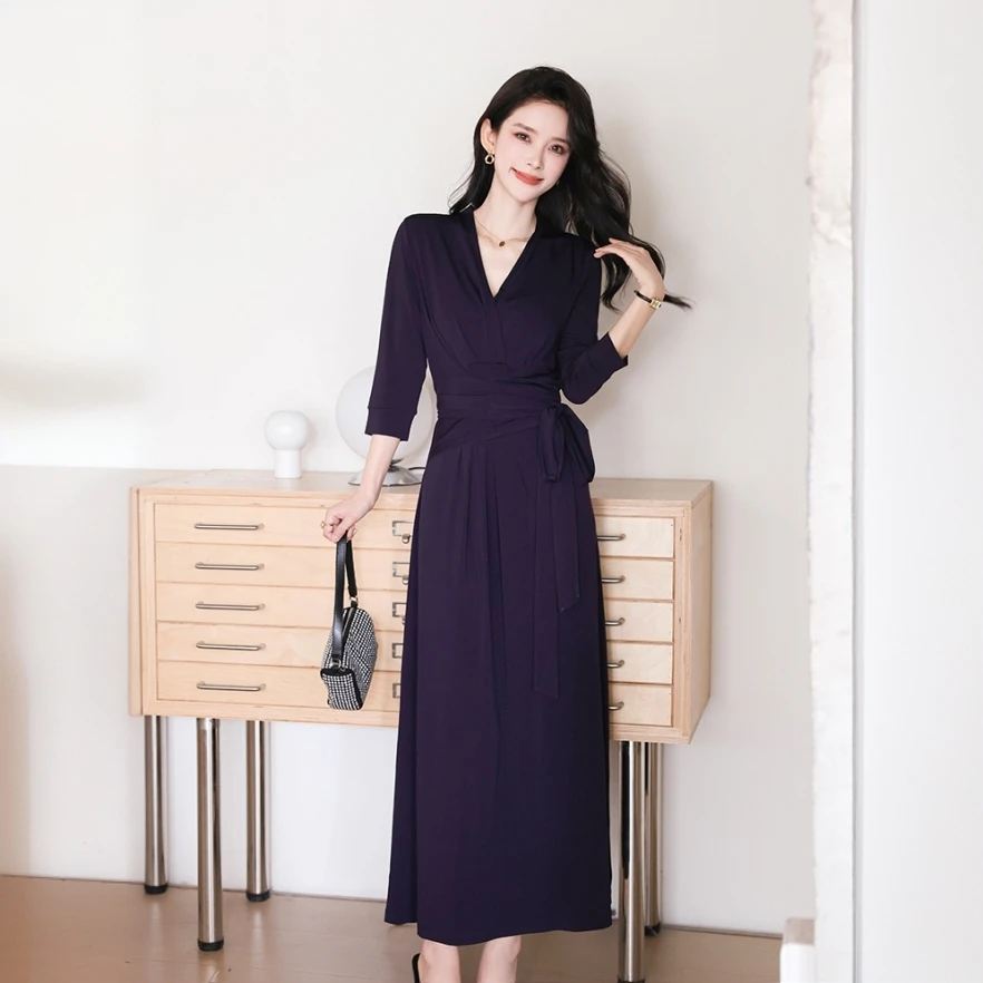 法式裹身裙新款紫色高级感宴会收腰显瘦长裙连衣裙