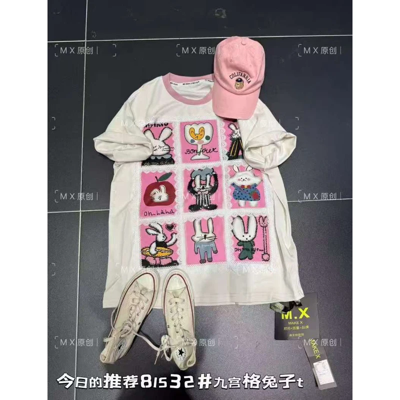 MX欧货2025春季新款重工潮牌印花卡通九宫格短袖宽松上衣女81532