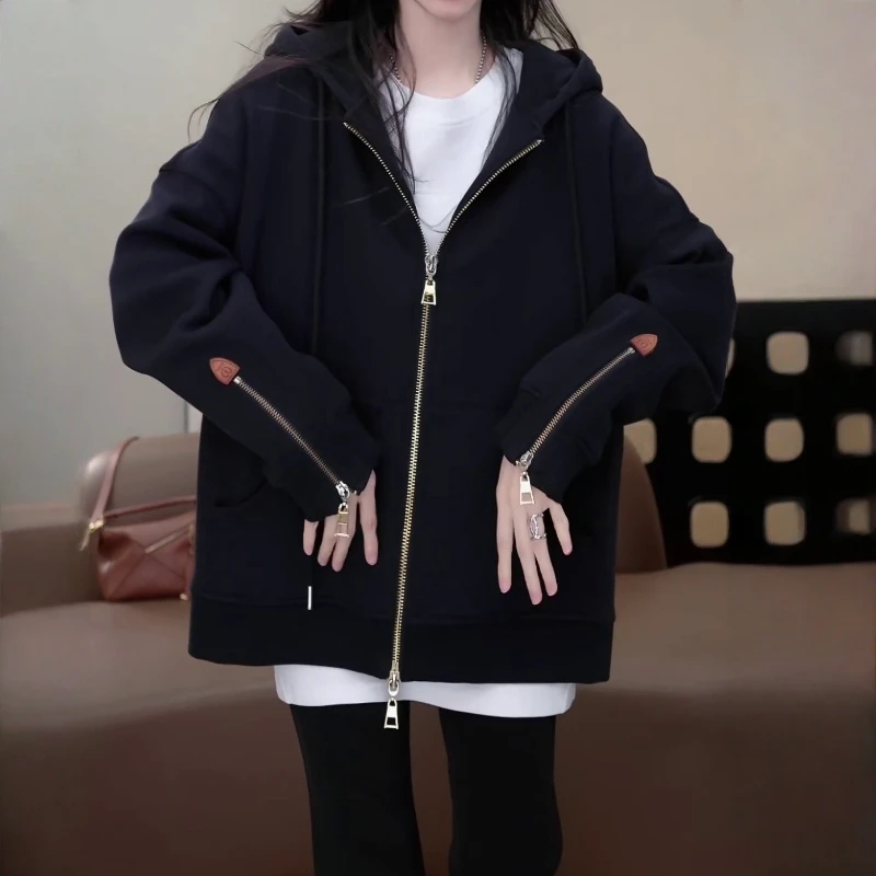 运动风宽松休闲通勤拉链卫衣女2025秋冬新款简约百搭显瘦连帽外套