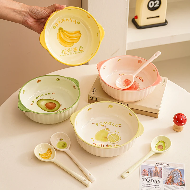 【2碗2勺】水果碗双耳面碗可爱碗家用2025新款网红汤碗餐具套装混搭