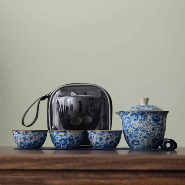 青花陶瓷快客杯功夫茶具便携式旅行茶具泡茶茶壶一壶三杯喝茶套装