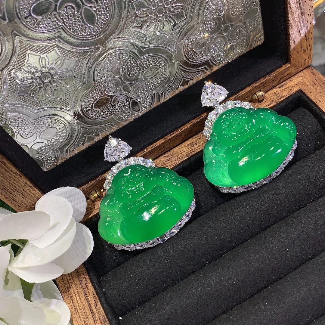 S925银镶天然绿玉髓佛公吊坠时尚百搭新中式挂件女友长辈送礼佳品