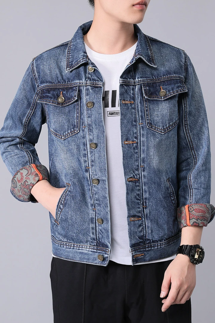 秋季印花牛仔外套新款复古潮牌修身潮流夹克休闲男士牛仔外套男