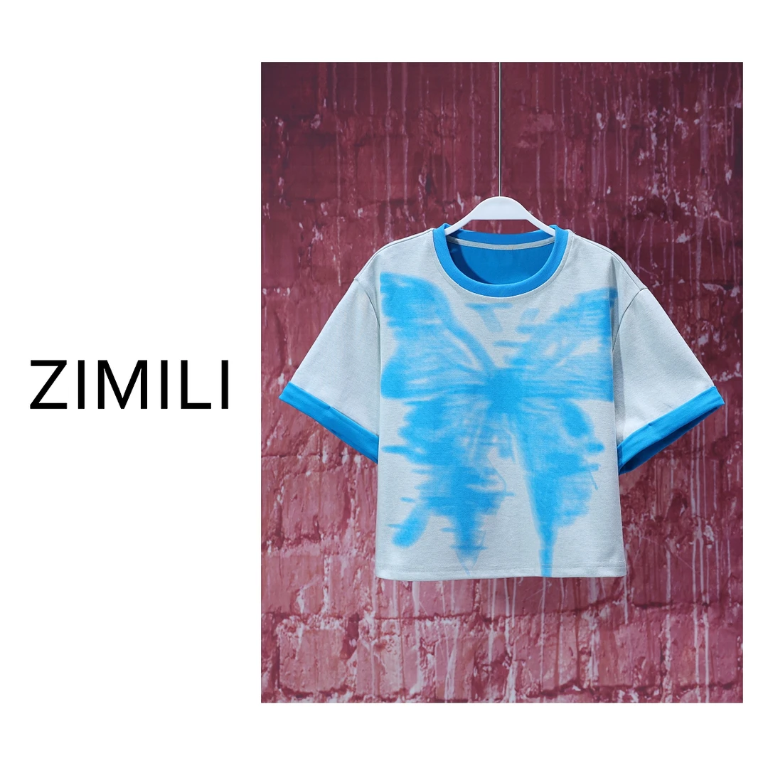 【亮哥女装】2025莱赛尔天丝轻薄冰凉象牙白蝴蝶水印圆领T恤6307