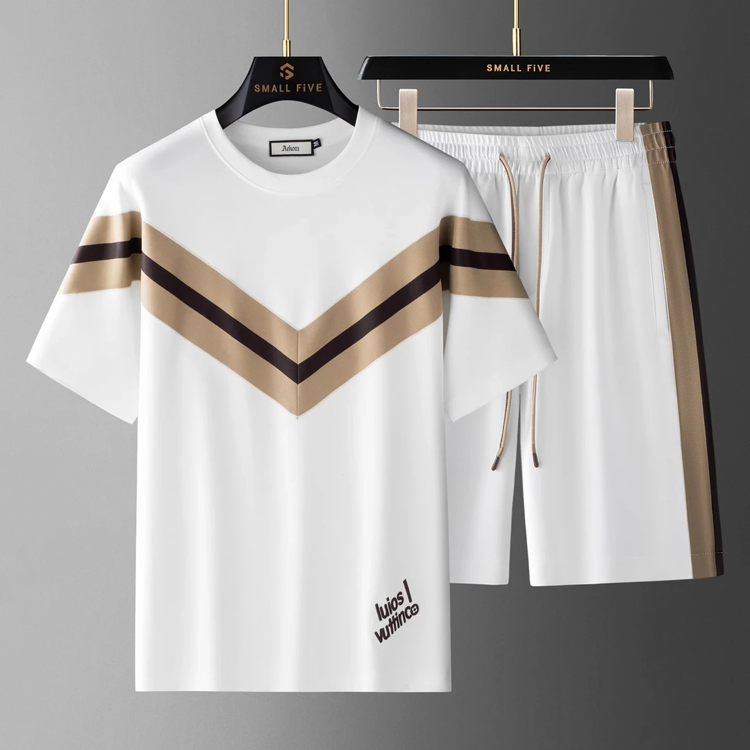 休闲运动套装男士夏季高端撞色织带莫代尔棉空气层短袖短裤两件套