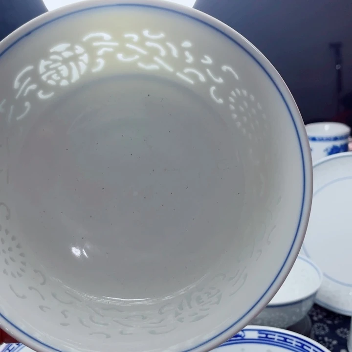 青花玲珑7寸面碗满雕双福双线