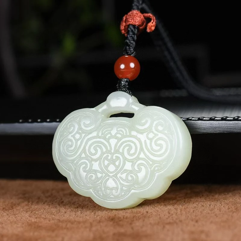 大安天然和田玉云纹长命锁吊坠男女款如意吉祥长命锁挂件
