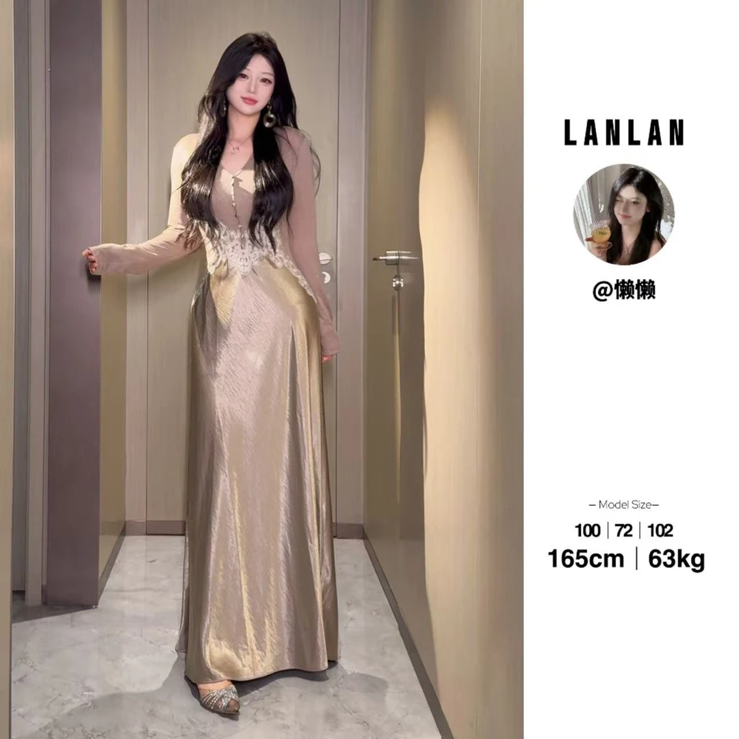 Lanlan-【映日之光】高级感显瘦性感时尚连衣裙长袖长裙拼接显瘦
