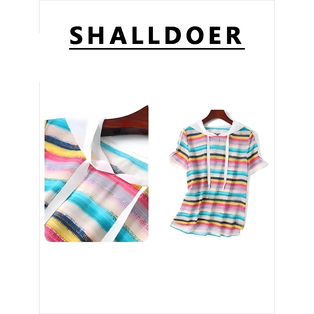 彩虹条纹设计感连帽短袖T恤女2025年夏季新款时尚百搭慵懒感上衣