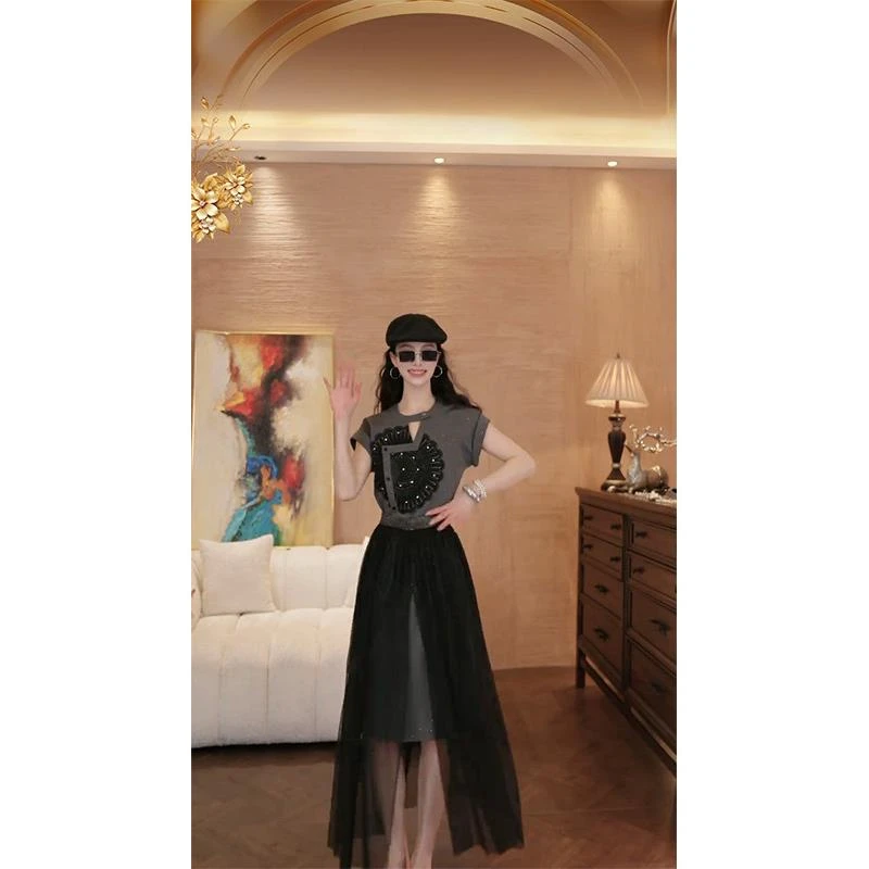 XUEX高级感轻奢韩系洋气太阳花纱裙两件套高级百搭显瘦气质连衣裙