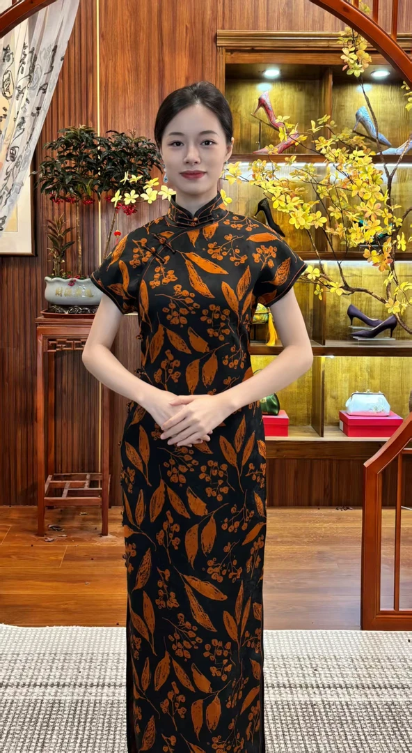 如丝专属【花满枝】靓影儿原创桑蚕丝香云纱古法全开襟时尚高端旗袍