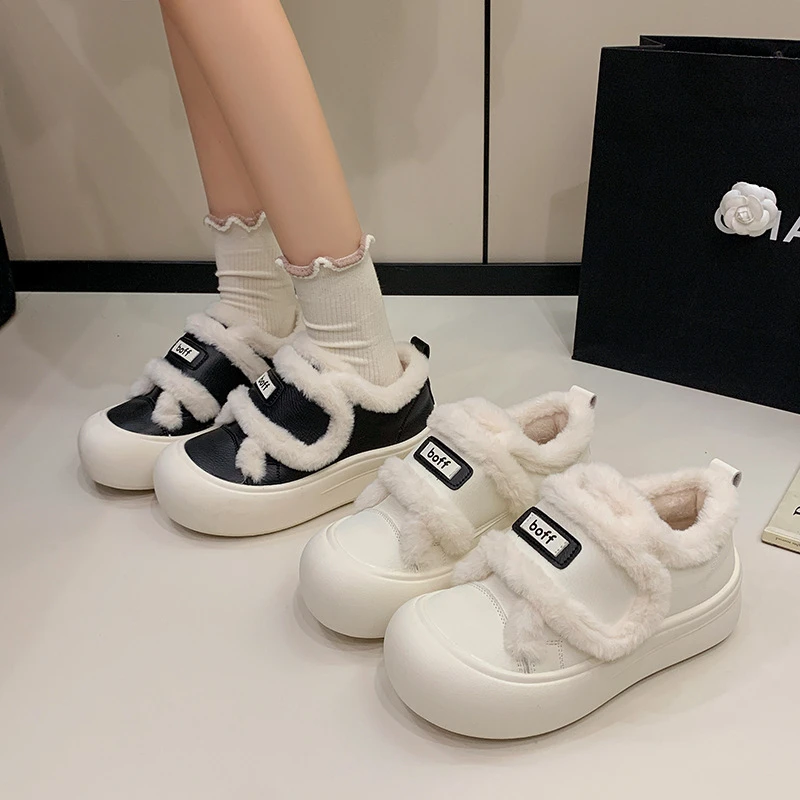 小众设计面包板鞋女秋冬季新款韩版加绒保暖休闲鞋魔术贴棉鞋加厚