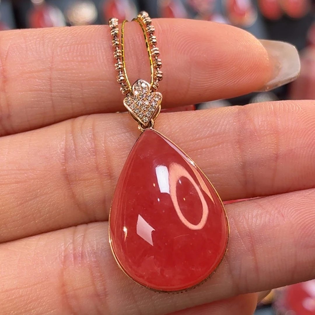 菱锰矿18K金镶嵌吊坠(不含链)