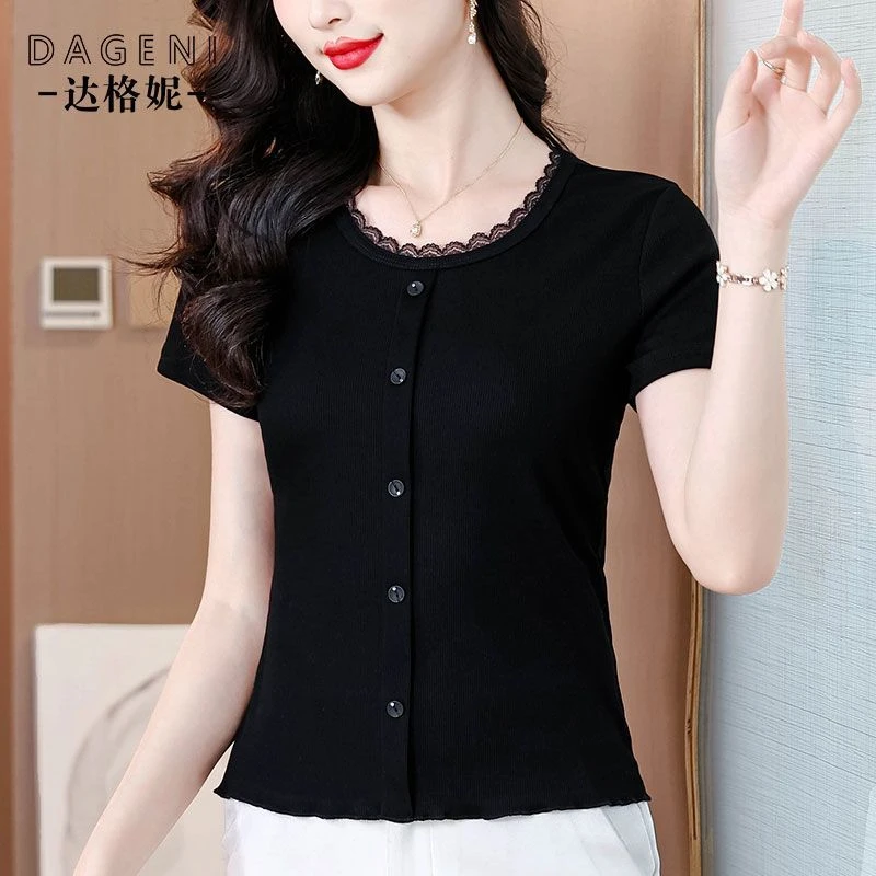 圆领蕾丝花边短袖t恤女2025夏季新款内搭洋气小衫高级感半袖上衣