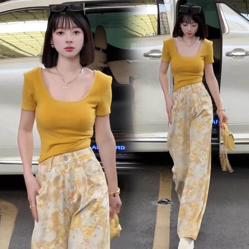 时尚套装女夏季新款洋气显瘦短袖T恤印花高腰阔腿裤休闲两件套潮