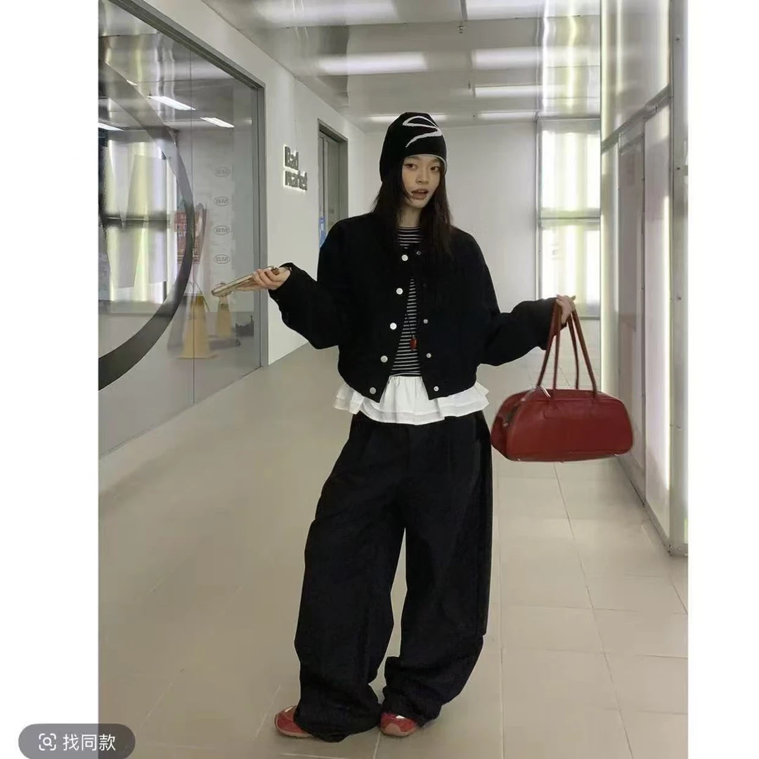 韩系黑色短款毛呢外套条纹小衫弯刀裤女秋季2025新款时尚潮流穿搭