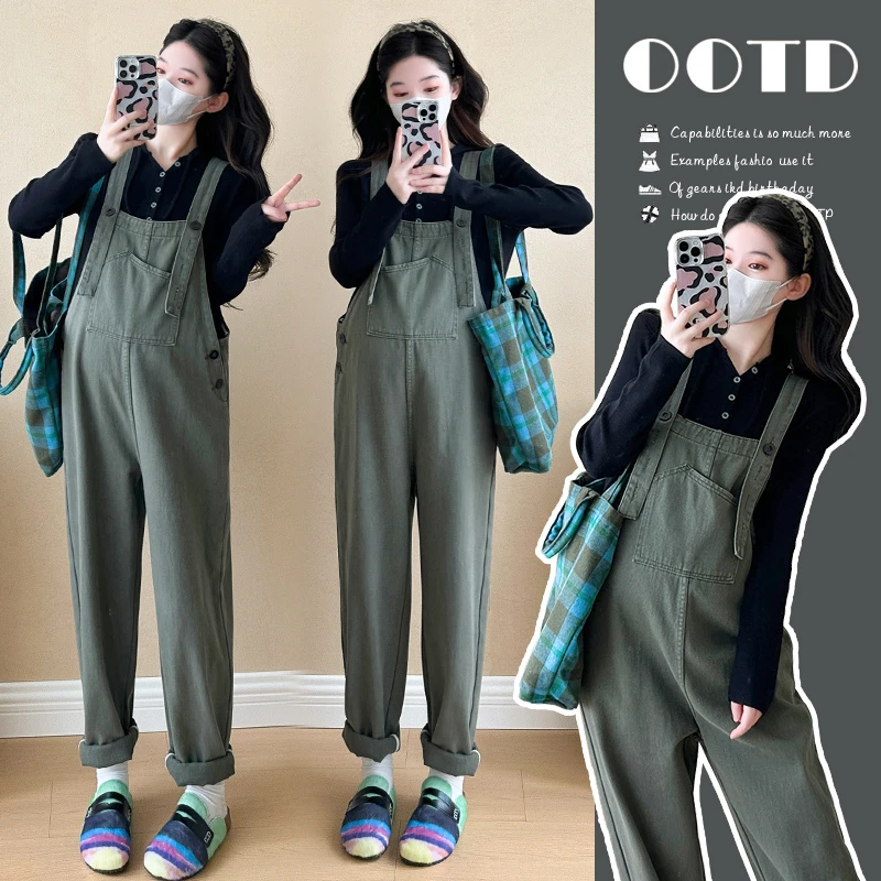 孕妇装春秋季2025新款时尚百搭针织连帽衫复古休闲工装背带裤春装