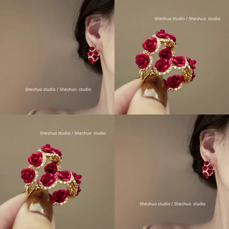 合金耳饰 玫瑰燃烧红色花朵浪漫法式复古轻奢高级感新年耳饰