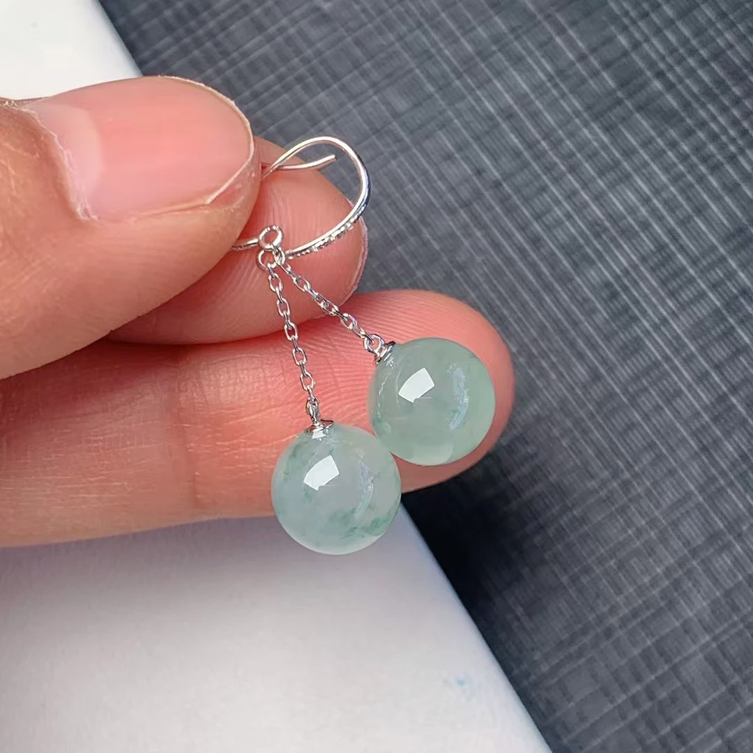 缅料翡翠18K金镶嵌冰飘花圆珠耳坠 完美 水润 a5卡8.5