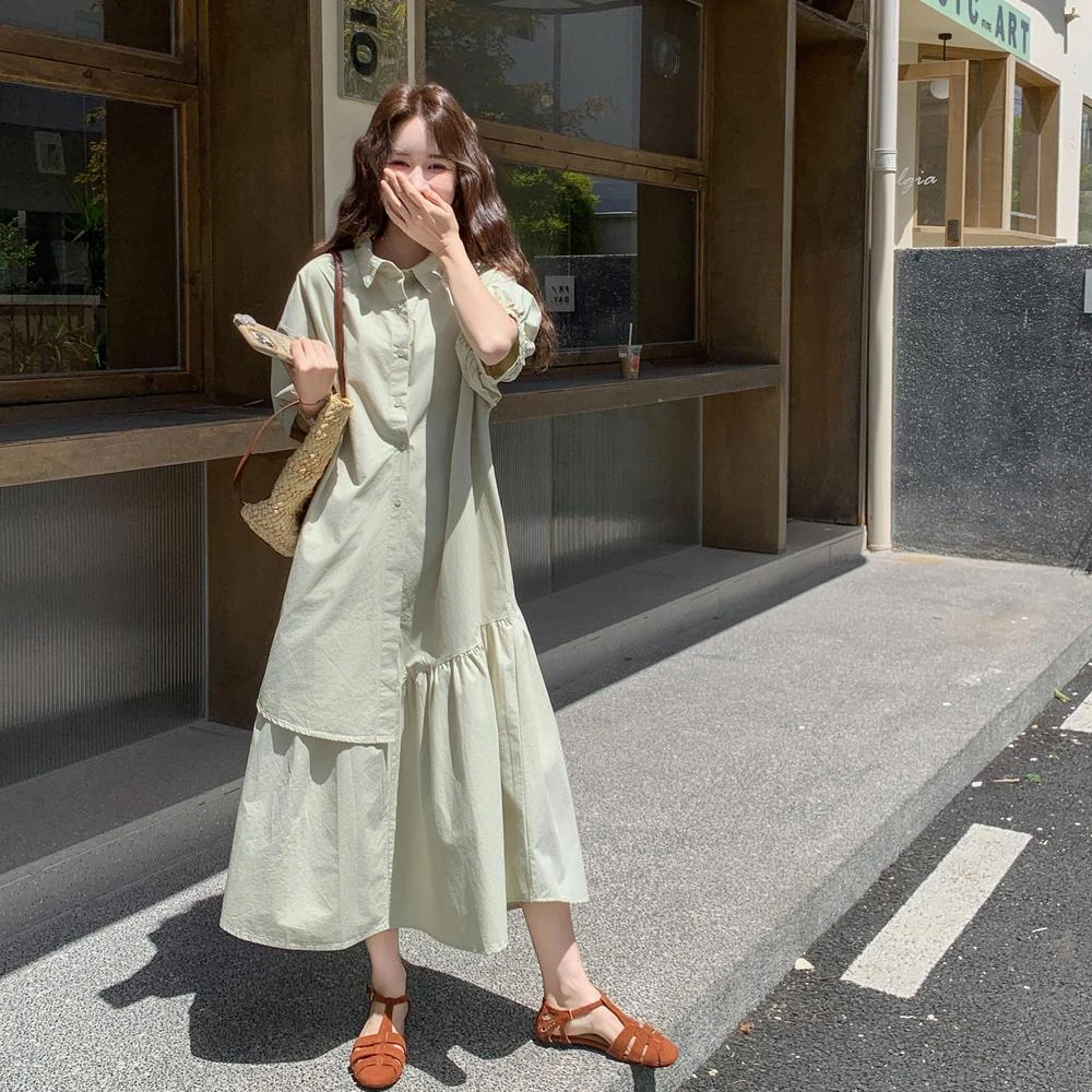 时尚休闲豆绿色衬衫连衣裙女夏2025新款设计感小众不规则拼接长裙