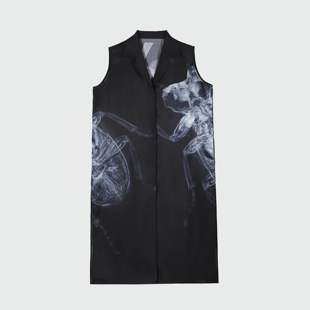 原创翻领无袖连衣裙春夏印花直筒长裙421310L