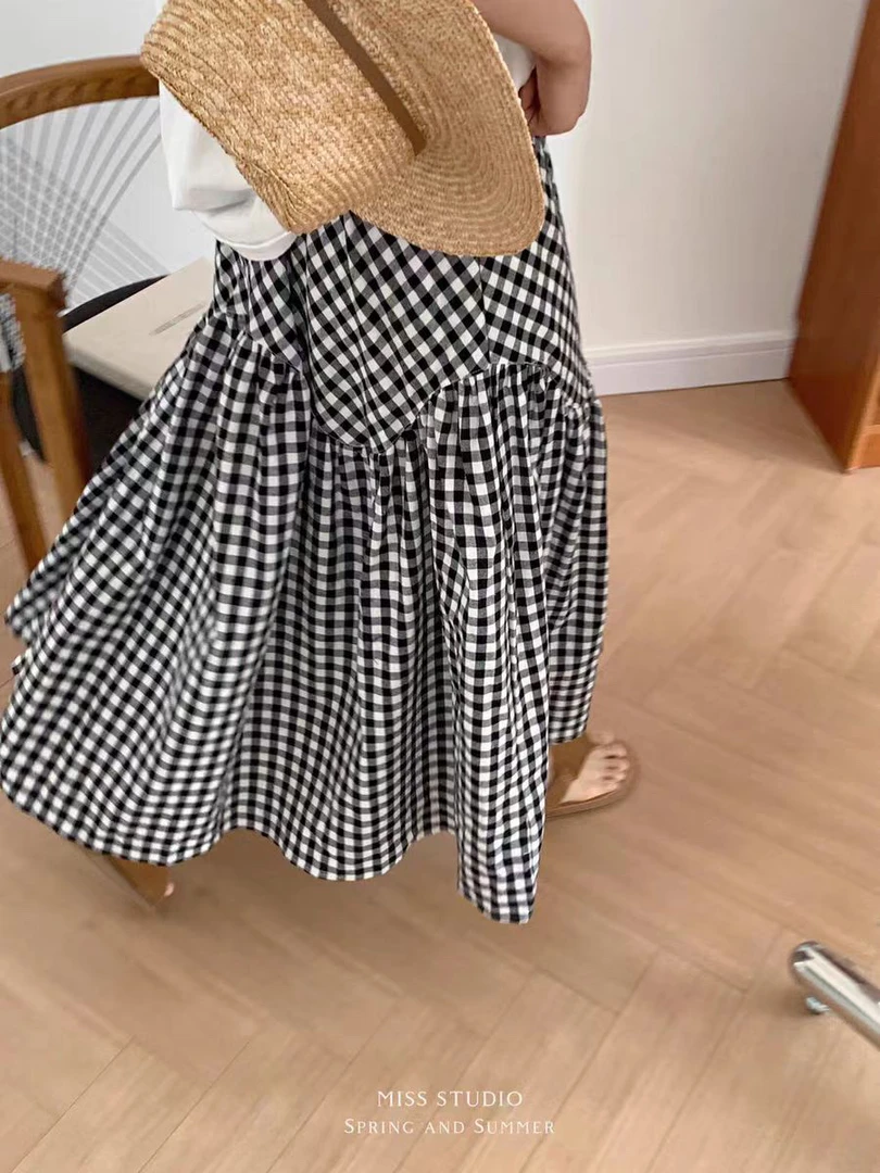 韩系蓝色格子2025新款半身裙梨型身材遮胯显瘦大摆a字中长款裙子