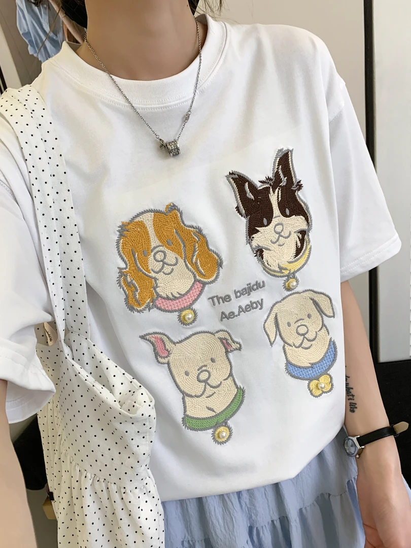 0187【夏季新款】胸前重工刺绣四只卡通狗狗韩系宽松圆领短袖（897）