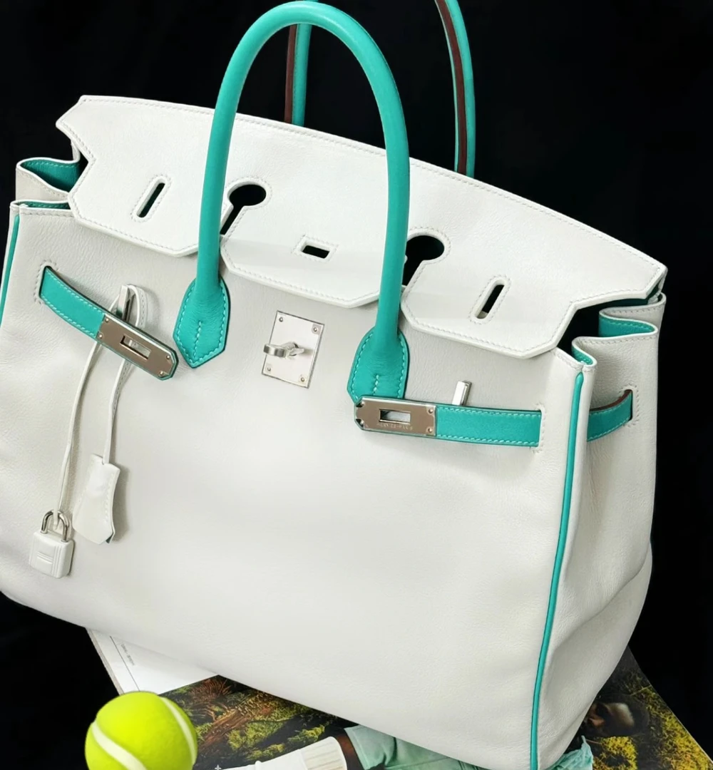 99新 Hermes/爱马仕 birkin35 纯白拼湖水蓝 银扣 EC皮 框O