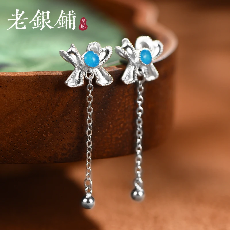吴越老银铺 足银珐琅耳饰 足银浮光织蓝耳钉新中式银耳钉长款耳钉