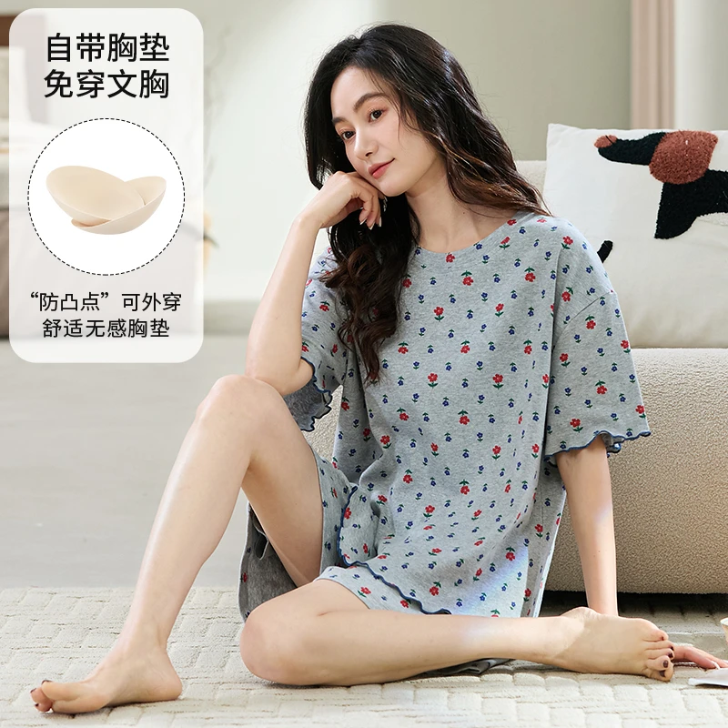 夏季新款睡衣女带胸垫套头短袖短裤休闲可外穿家居服套装22673H