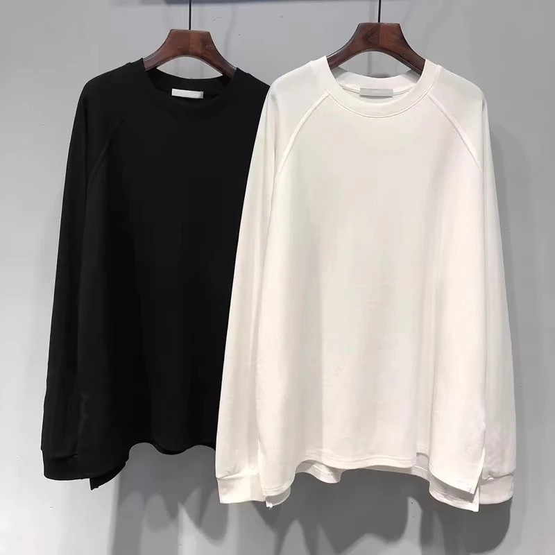 大码女装纯色下摆开叉韩版宽松长袖T恤初秋新款胖mm百搭打底上衣