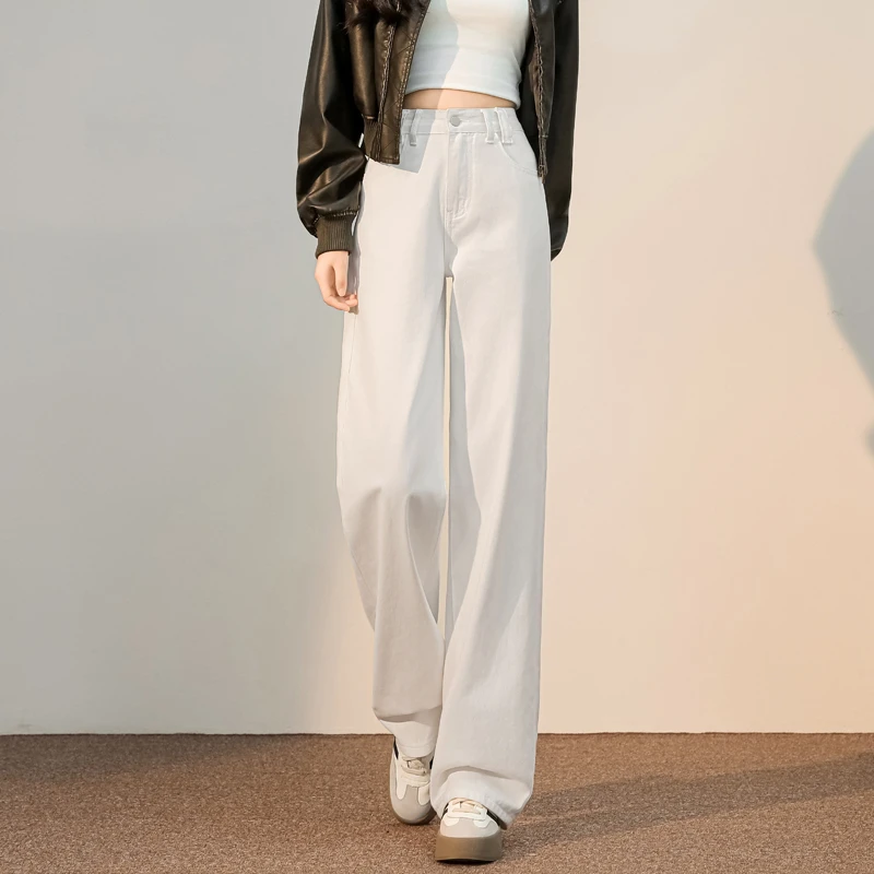 窄版白色牛仔阔腿裤女秋冬加绒2025新款高腰显瘦小个子宽松直筒裤