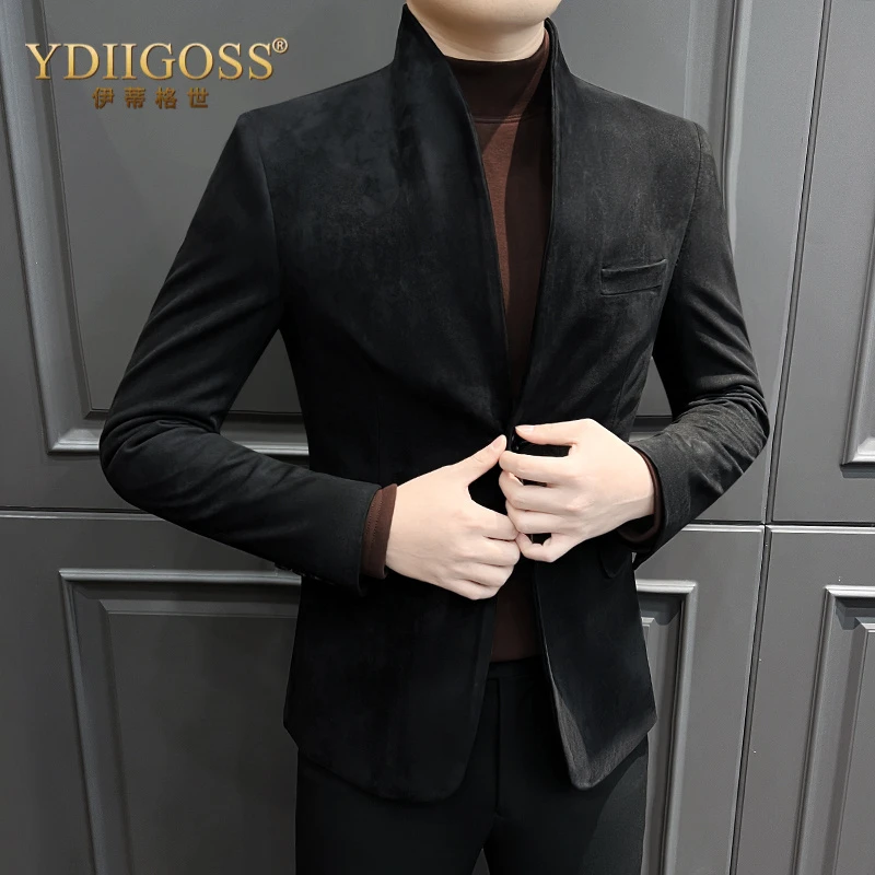 YDIIGOSS麂皮绒西装外套男款冬季加厚男装上衣新中式无领中山装休