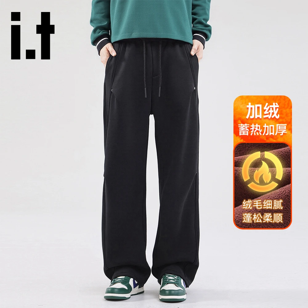 it:CHOCOOLATE黑色加绒加厚阔腿休闲裤男秋冬新款宽松百搭保暖裤
