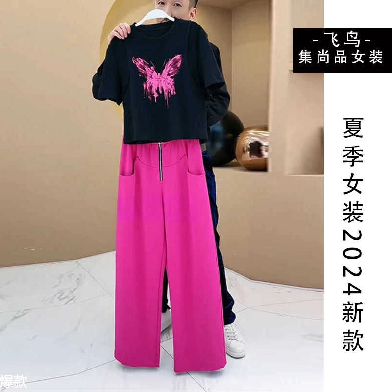 休闲套装女2025新款夏季薄款洋气时尚印花短袖恤高腰显瘦阔腿裤