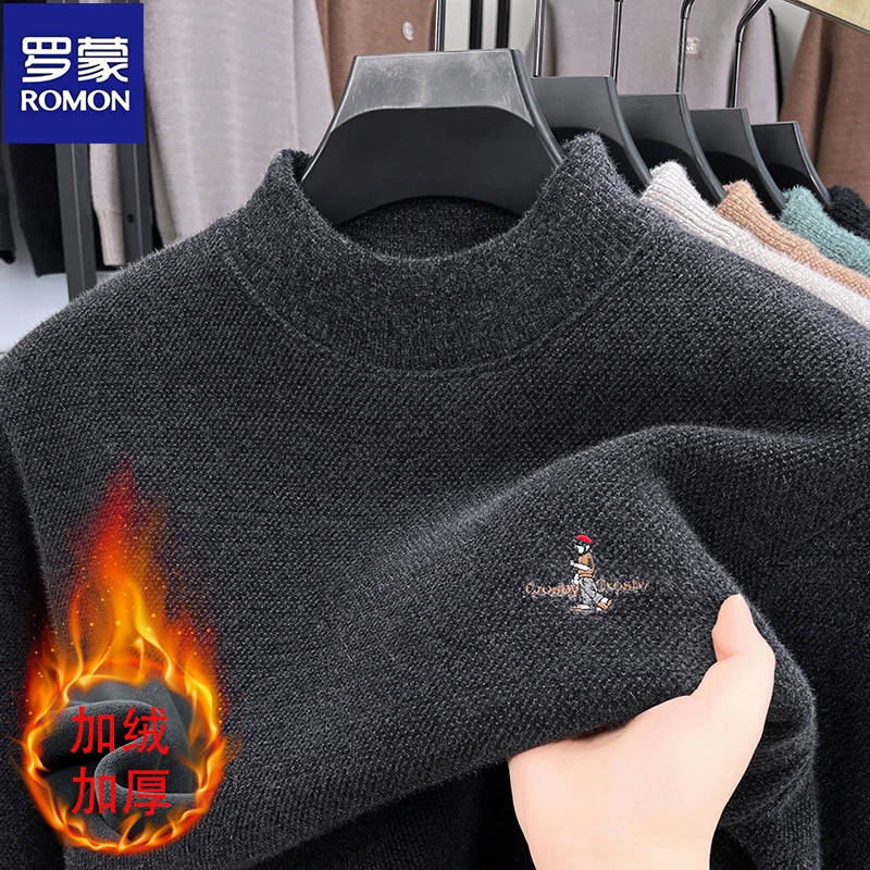 罗蒙秋冬款加绒保暖毛衣男士刺绣圆领加厚针织打底衫休闲套头线衣