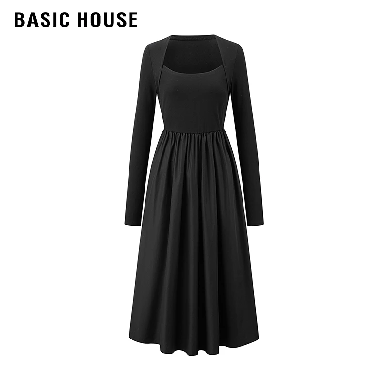 百家好/Basic House方领气质优雅高腰针织拼接连衣裙女长裙2025春