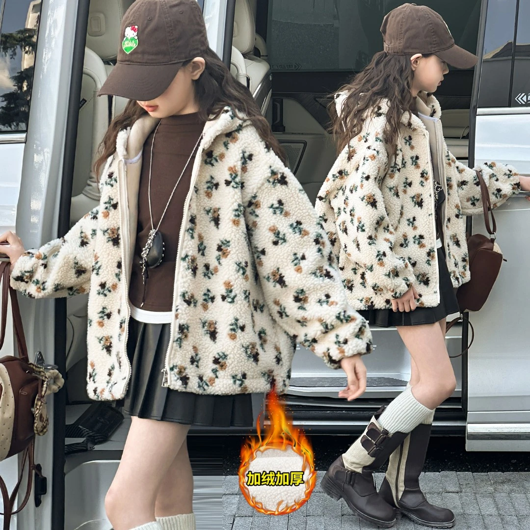 女童加绒毛毛衣冬季新款中大童加厚连帽外套儿童保暖冬装韩版棉衣