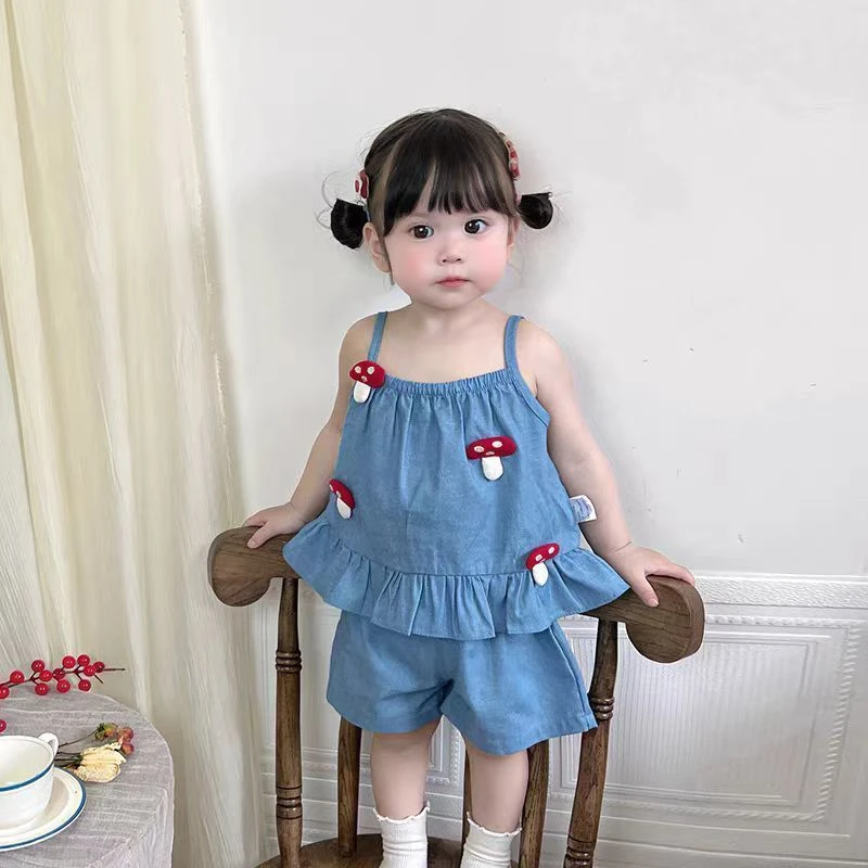 女宝夏季纯色吊带薄款女外穿套装休闲风小蘑菇韩版可爱洋气宝宝衣