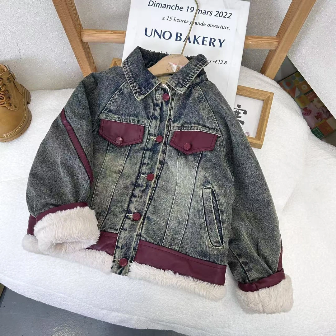 WT-9091 儿童牛仔时尚休闲加绒韩版拼接冬季拼色中童牛仔毛绒外套