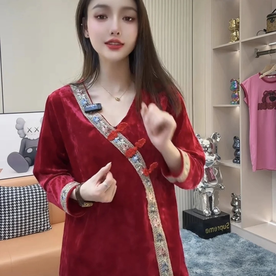 复古钻石绒中式家居服女网红睡衣ins宽松气质休闲两件套